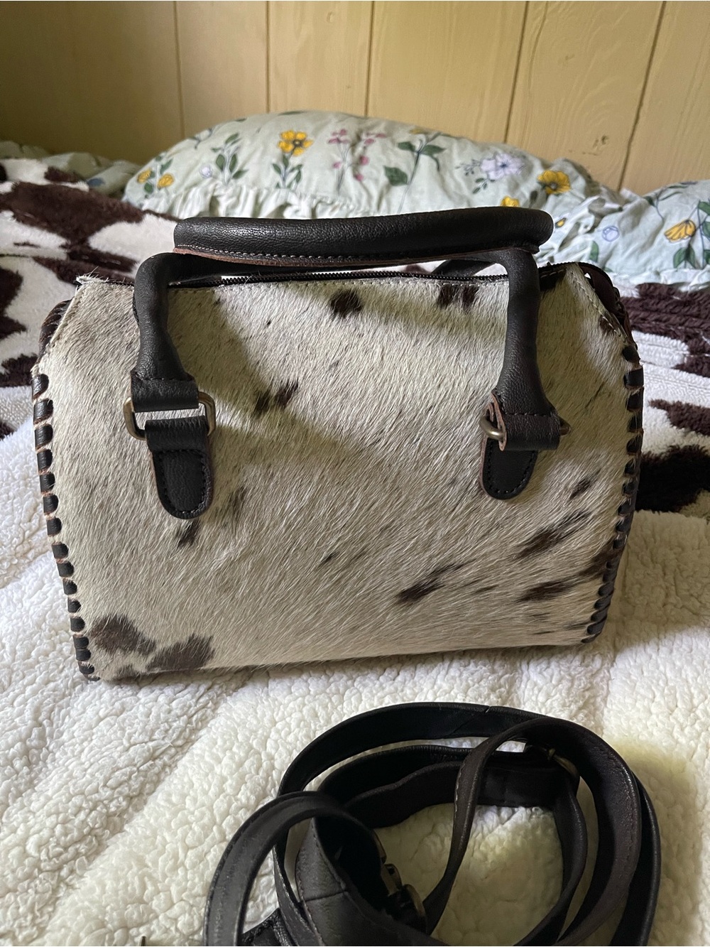 Handmade Cowhide Satchel Bag in White and Brown
